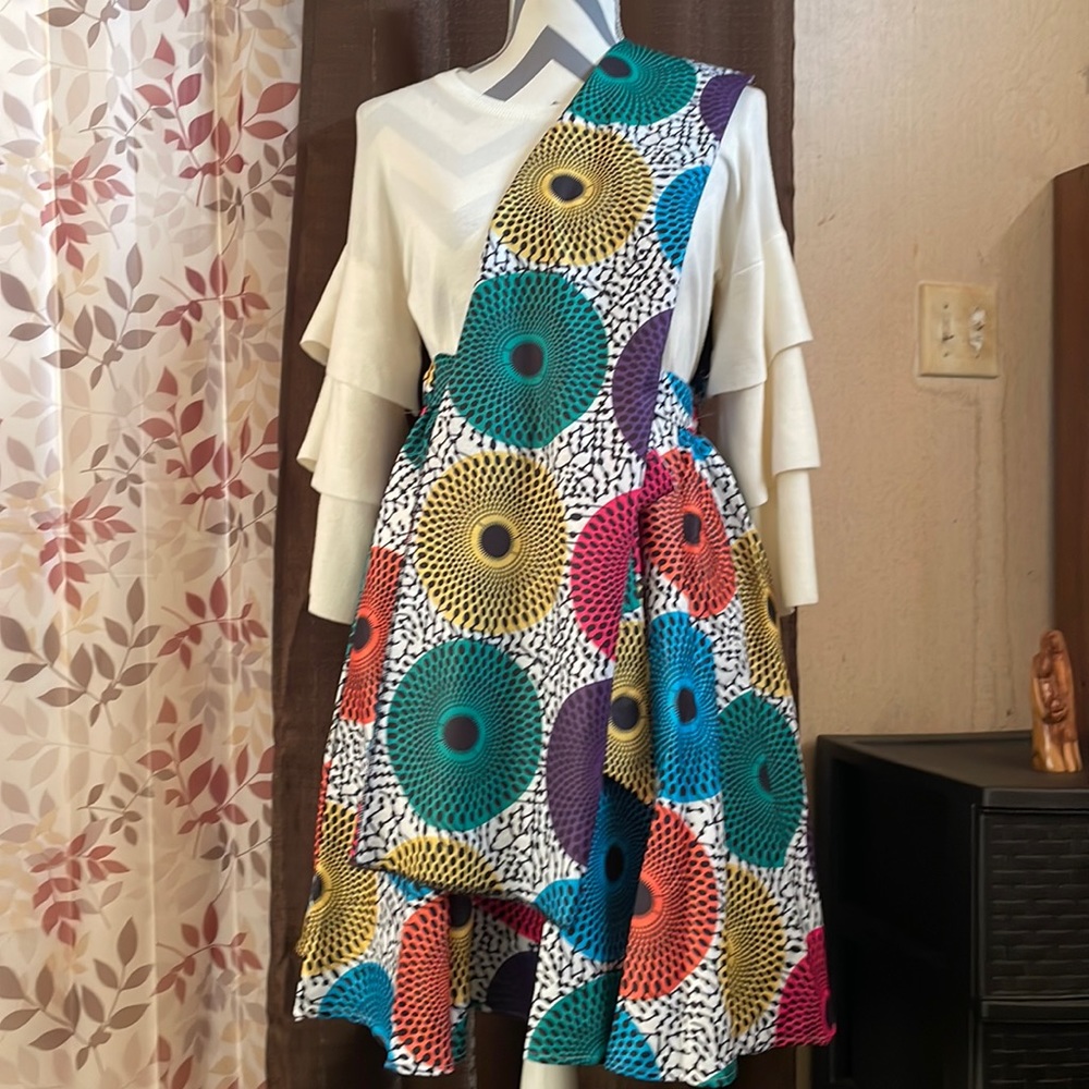 Colorful African Print Midi Dress with Asymmetric Overlay